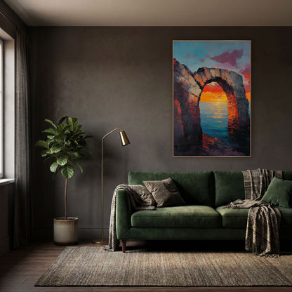 Low Stone Arch Horizon Glow Classic wall art in a moody dark academia room – ruined stone arch on a rocky shore