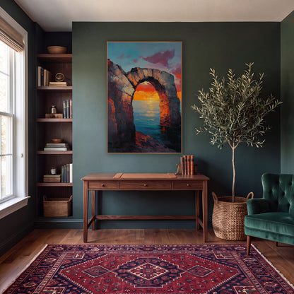 Low Stone Arch Horizon Glow Classic wall art in a moody dark academia room – ruined stone arch on a rocky shore