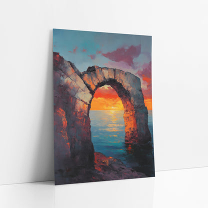 Low Stone Arch Horizon Glow Classic art print leaning against a white wall – ruined stone arch on a rocky shore framing