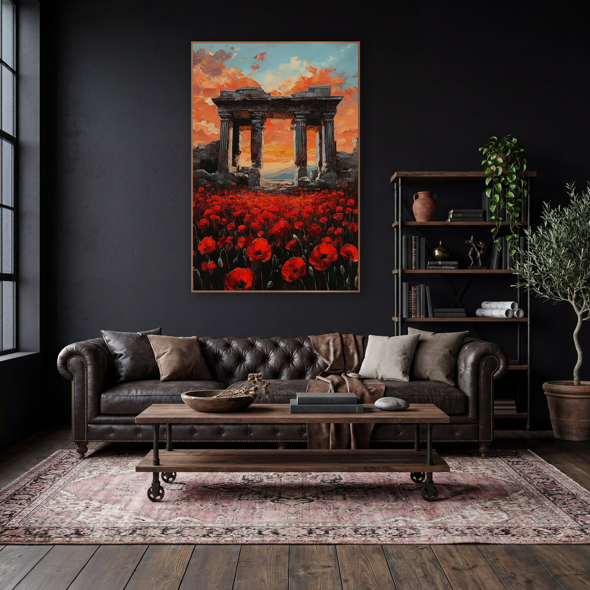 Poppies Beneath Ruined Columns Moody wall art in a moody dark academia room – red poppy field in front of ruined stone