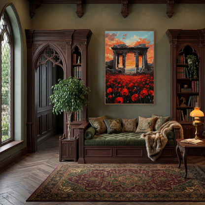 Poppies Beneath Ruined Columns Moody wall art in a moody dark academia room – red poppy field in front of ruined stone
