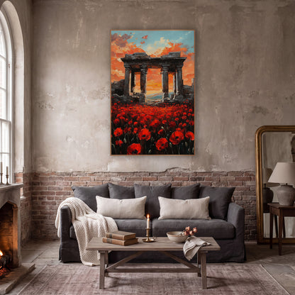 Poppies Beneath Ruined Columns Moody wall art in a moody dark academia room – red poppy field in front of ruined stone