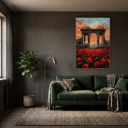 Poppies Beneath Ruined Columns Moody wall art in a moody dark academia room – red poppy field in front of ruined stone