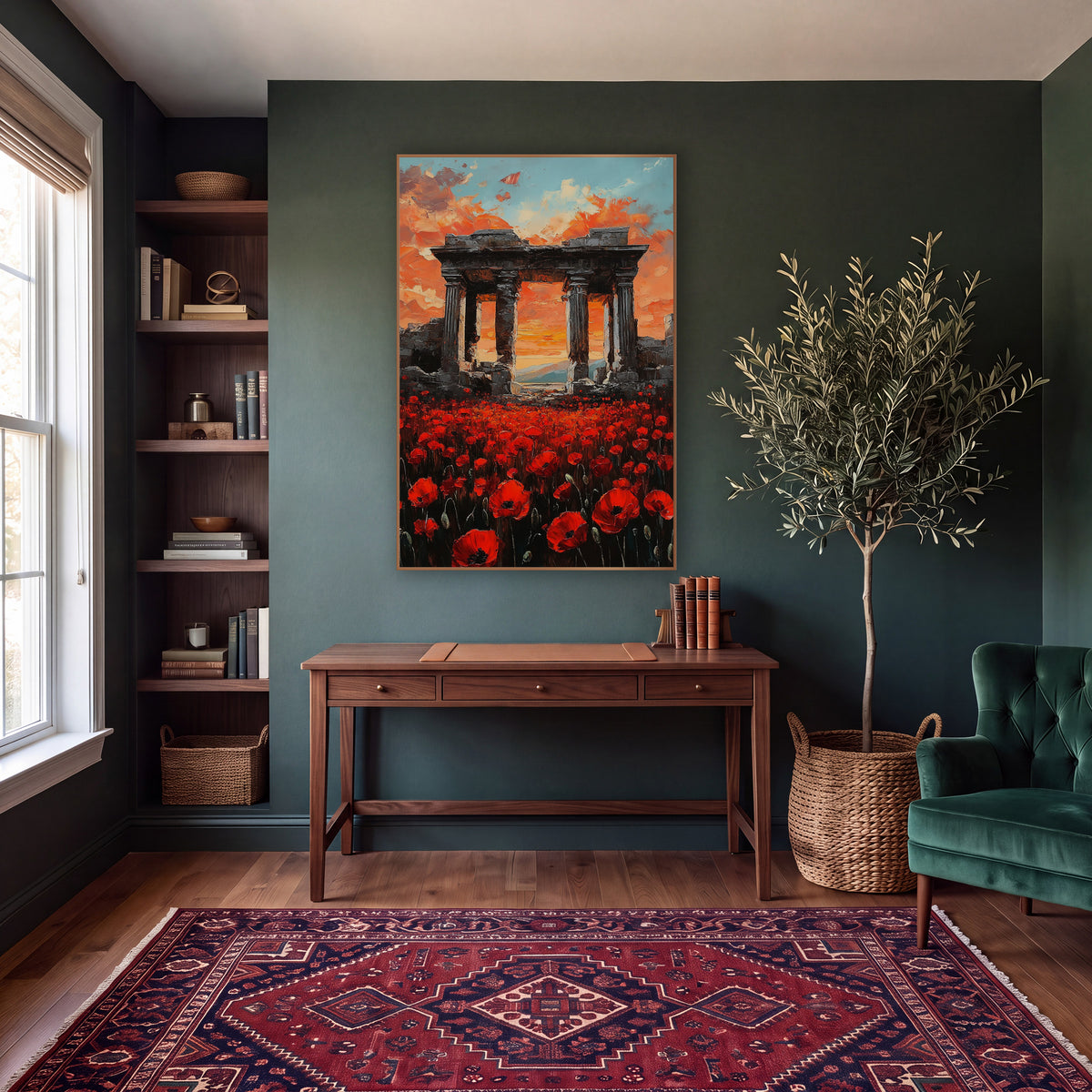 Poppies Beneath Ruined Columns Moody wall art in a moody dark academia room – red poppy field in front of ruined stone