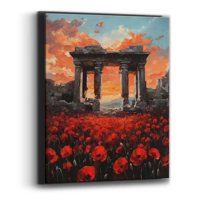 Poppies Beneath Ruined Columns Moody Canvas Wall Art