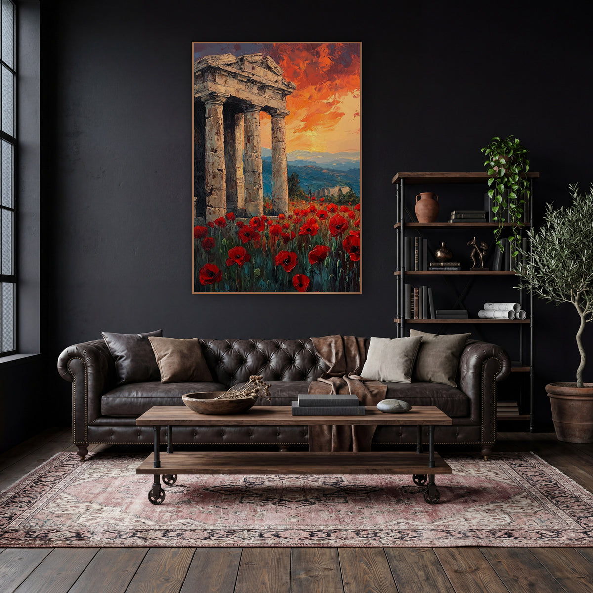 Red Poppies Classical Ruins Landscape wall art in a moody dark academia room – red poppy field in front of weathered