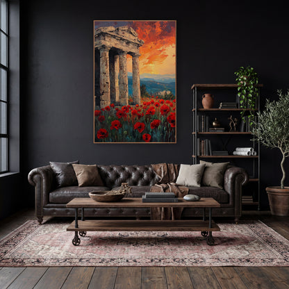 Red Poppies Classical Ruins Landscape wall art in a moody dark academia room – red poppy field in front of weathered