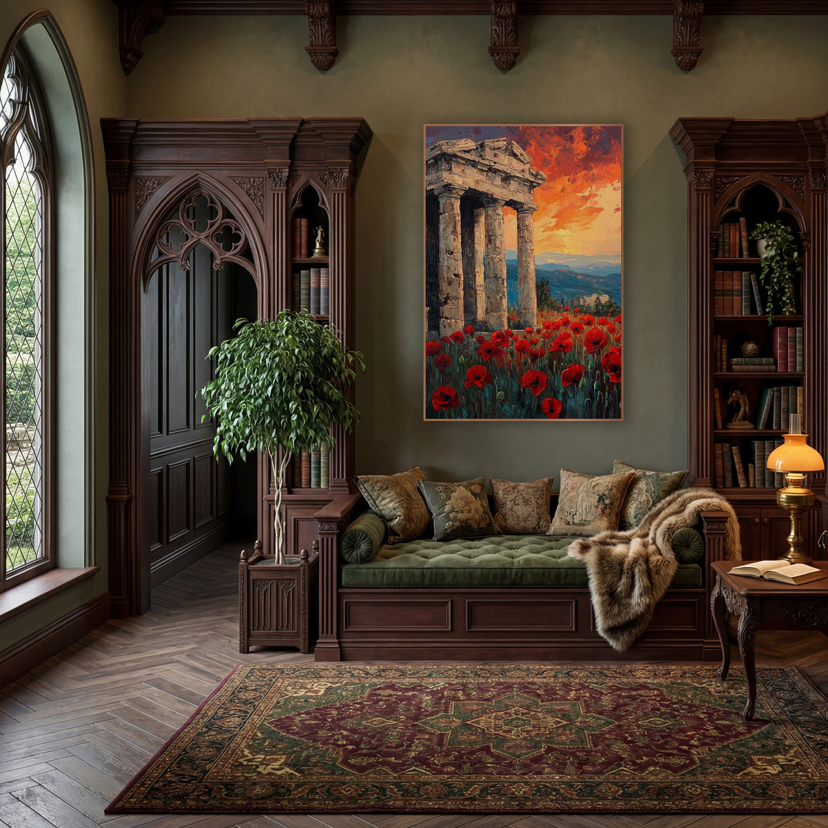 Red Poppies Classical Ruins Landscape wall art in a moody dark academia room – red poppy field in front of weathered