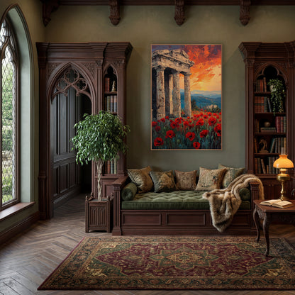 Red Poppies Classical Ruins Landscape wall art in a moody dark academia room – red poppy field in front of weathered