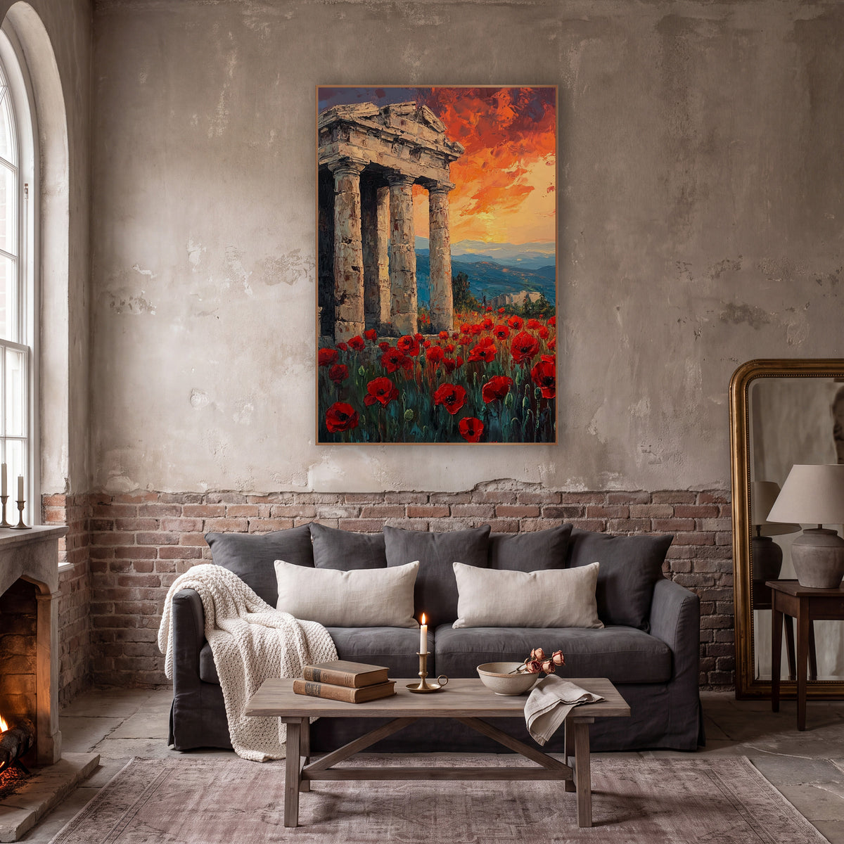 Red Poppies Classical Ruins Landscape wall art in a moody dark academia room – red poppy field in front of weathered