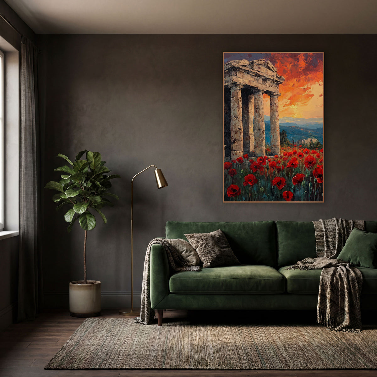 Red Poppies Classical Ruins Landscape wall art in a moody dark academia room – red poppy field in front of weathered