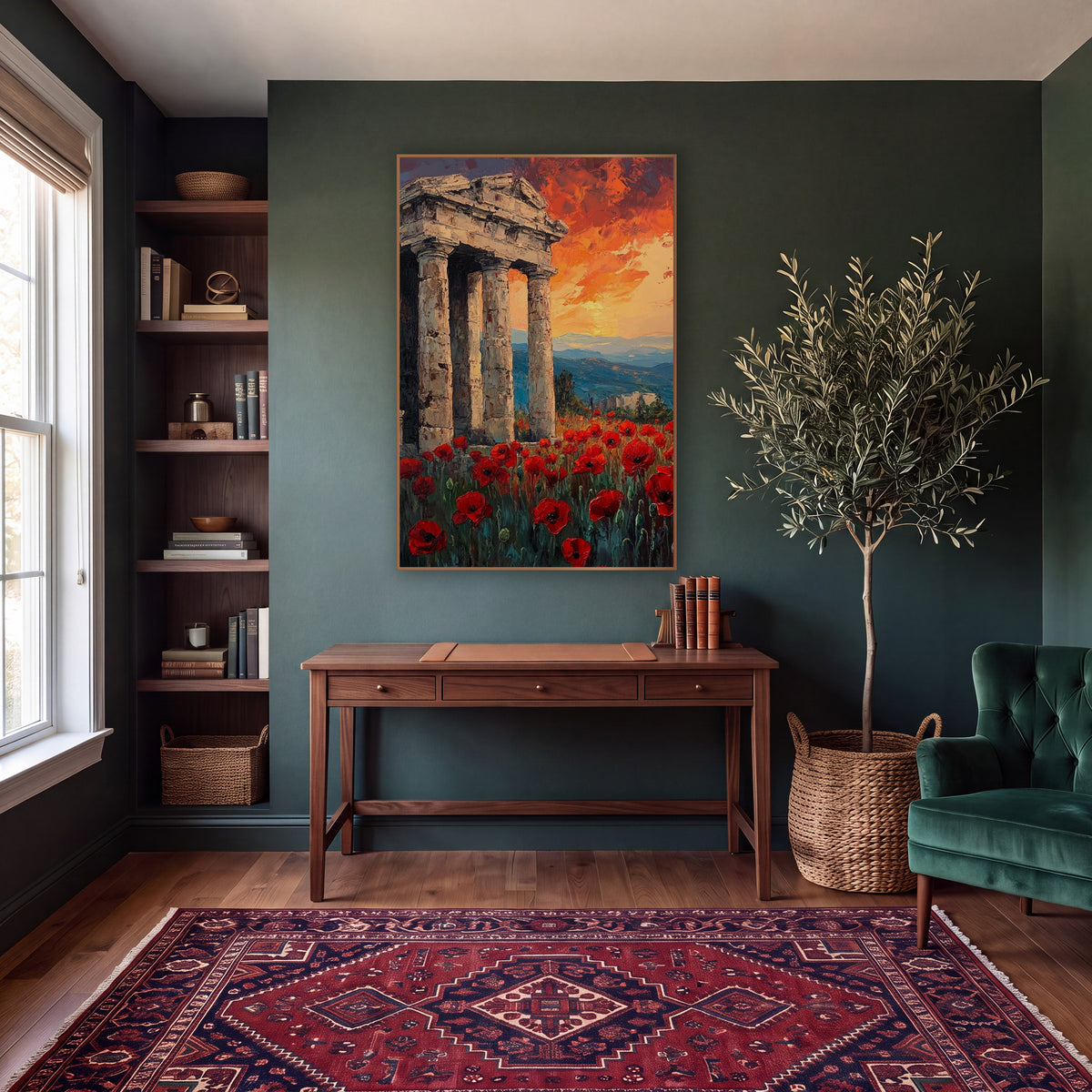 Red Poppies Classical Ruins Landscape wall art in a moody dark academia room – red poppy field in front of weathered