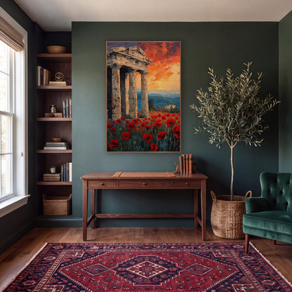 Red Poppies Classical Ruins Landscape wall art in a moody dark academia room – red poppy field in front of weathered
