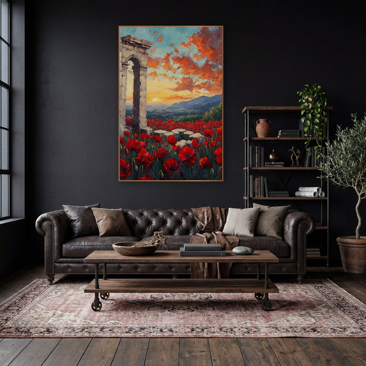 Red Poppy Field Ancient Arch wall art in a moody dark academia room – red poppies in a field before a ruined stone