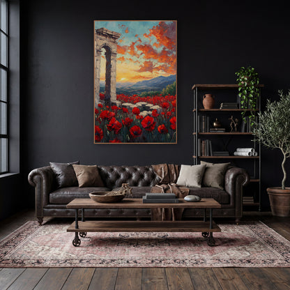 Red Poppy Field Ancient Arch wall art in a moody dark academia room – red poppies in a field before a ruined stone