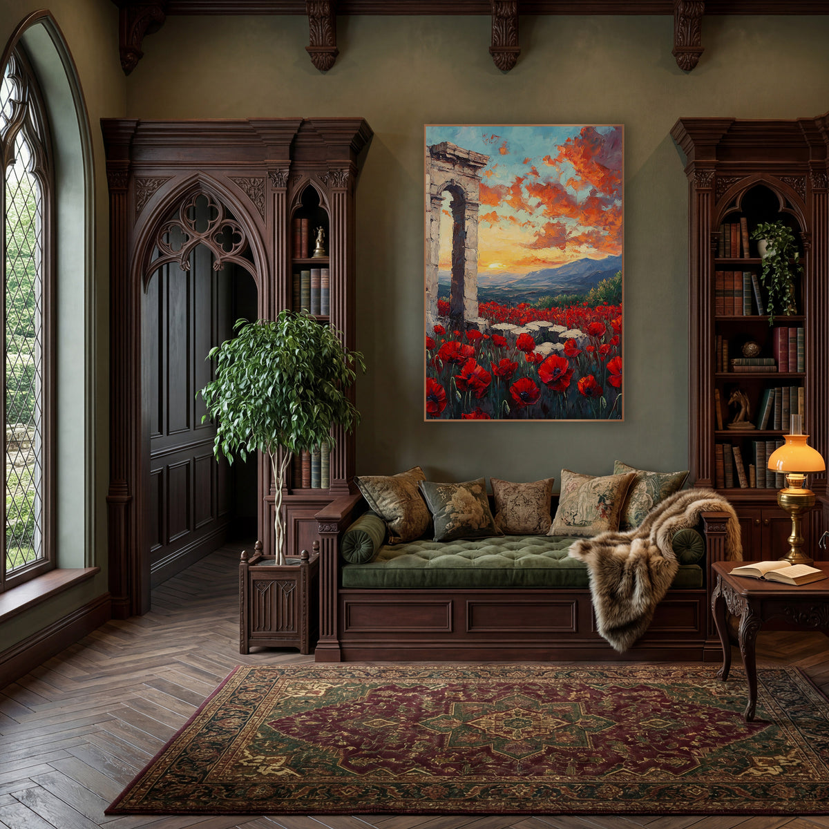 Red Poppy Field Ancient Arch wall art in a moody dark academia room – red poppies in a field before a ruined stone