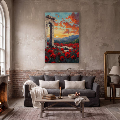 Red Poppy Field Ancient Arch wall art in a moody dark academia room – red poppies in a field before a ruined stone