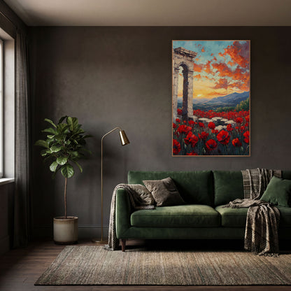 Red Poppy Field Ancient Arch wall art in a moody dark academia room – red poppies in a field before a ruined stone