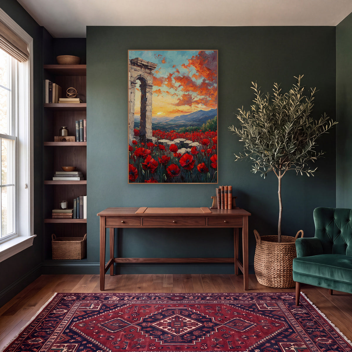 Red Poppy Field Ancient Arch wall art in a moody dark academia room – red poppies in a field before a ruined stone