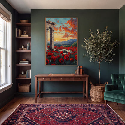 Red Poppy Field Ancient Arch wall art in a moody dark academia room – red poppies in a field before a ruined stone
