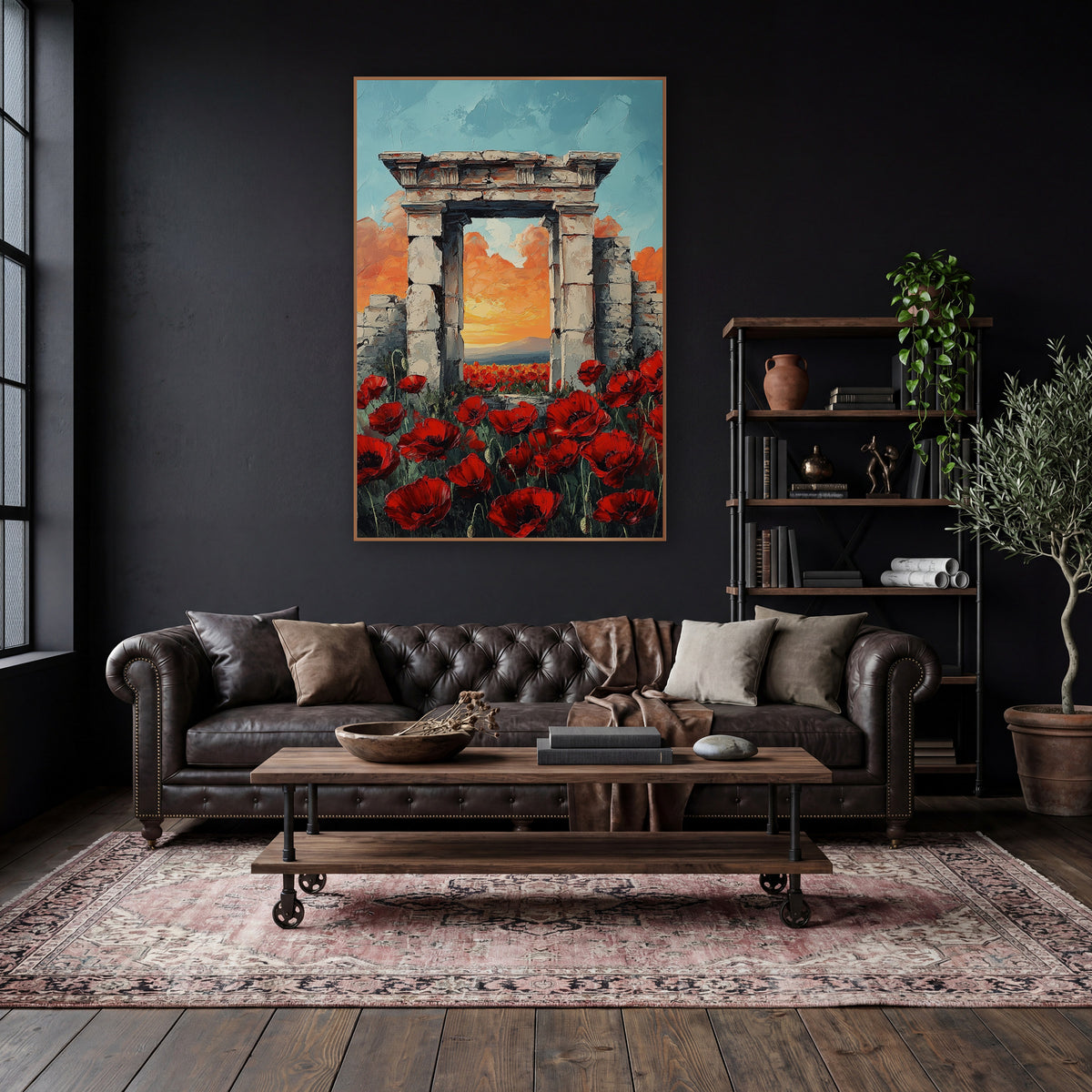 Poppies Framing Pale Stone Archway Classic wall art in a moody dark academia room – red poppies in the foreground