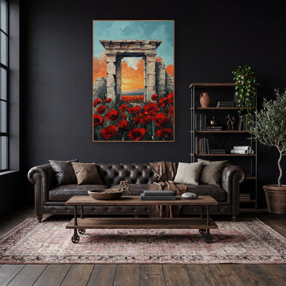 Poppies Framing Pale Stone Archway Classic wall art in a moody dark academia room – red poppies in the foreground