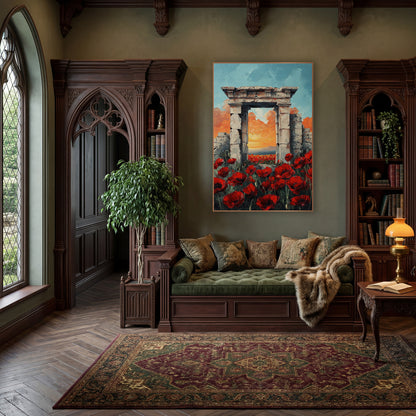 Poppies Framing Pale Stone Archway Classic wall art in a moody dark academia room – red poppies in the foreground