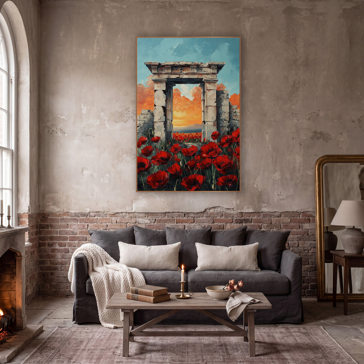Poppies Framing Pale Stone Archway Classic wall art in a moody dark academia room – red poppies in the foreground
