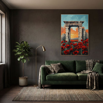 Poppies Framing Pale Stone Archway Classic wall art in a moody dark academia room – red poppies in the foreground