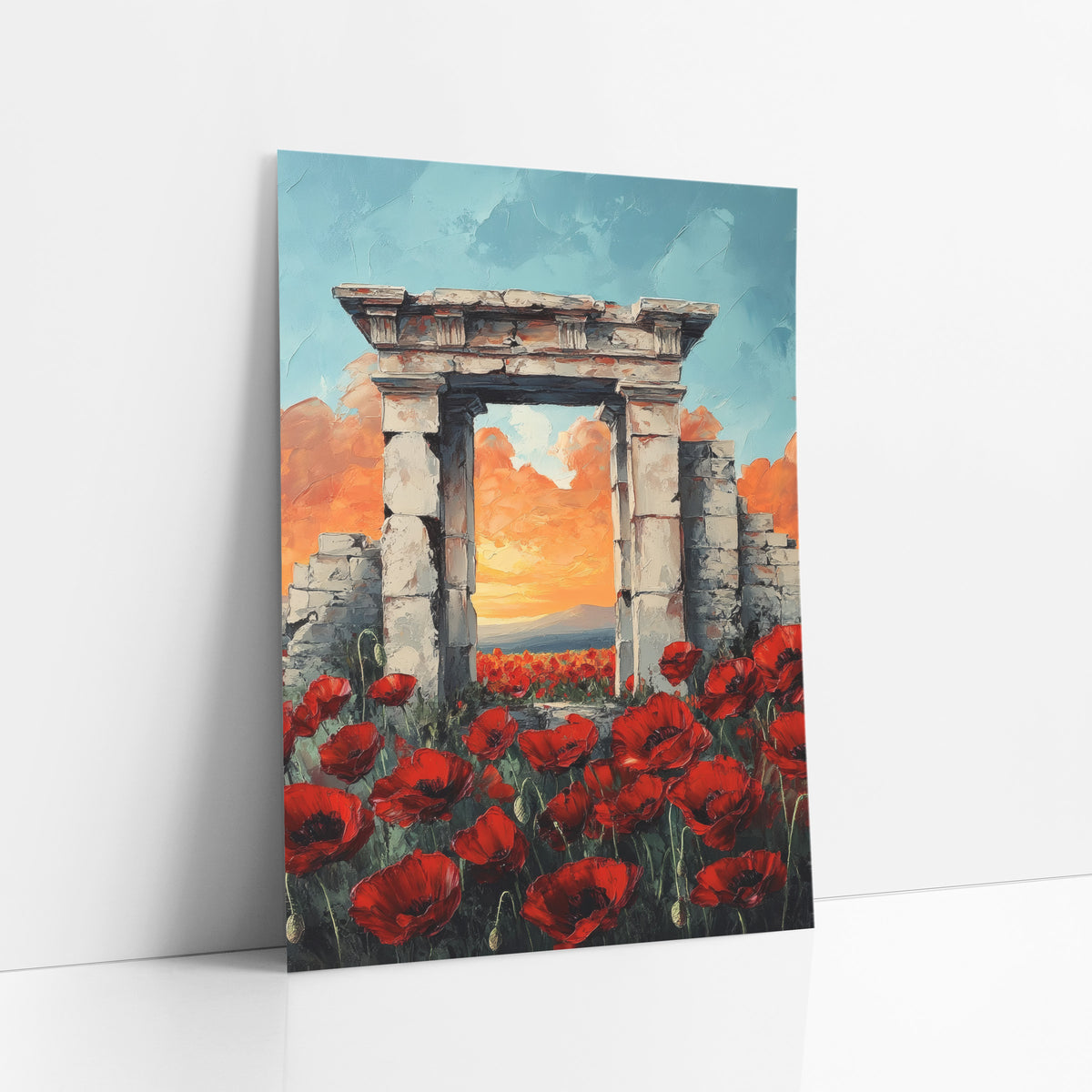 Poppies Framing Pale Stone Archway Classic art print leaning against a white wall – red poppies in the foreground