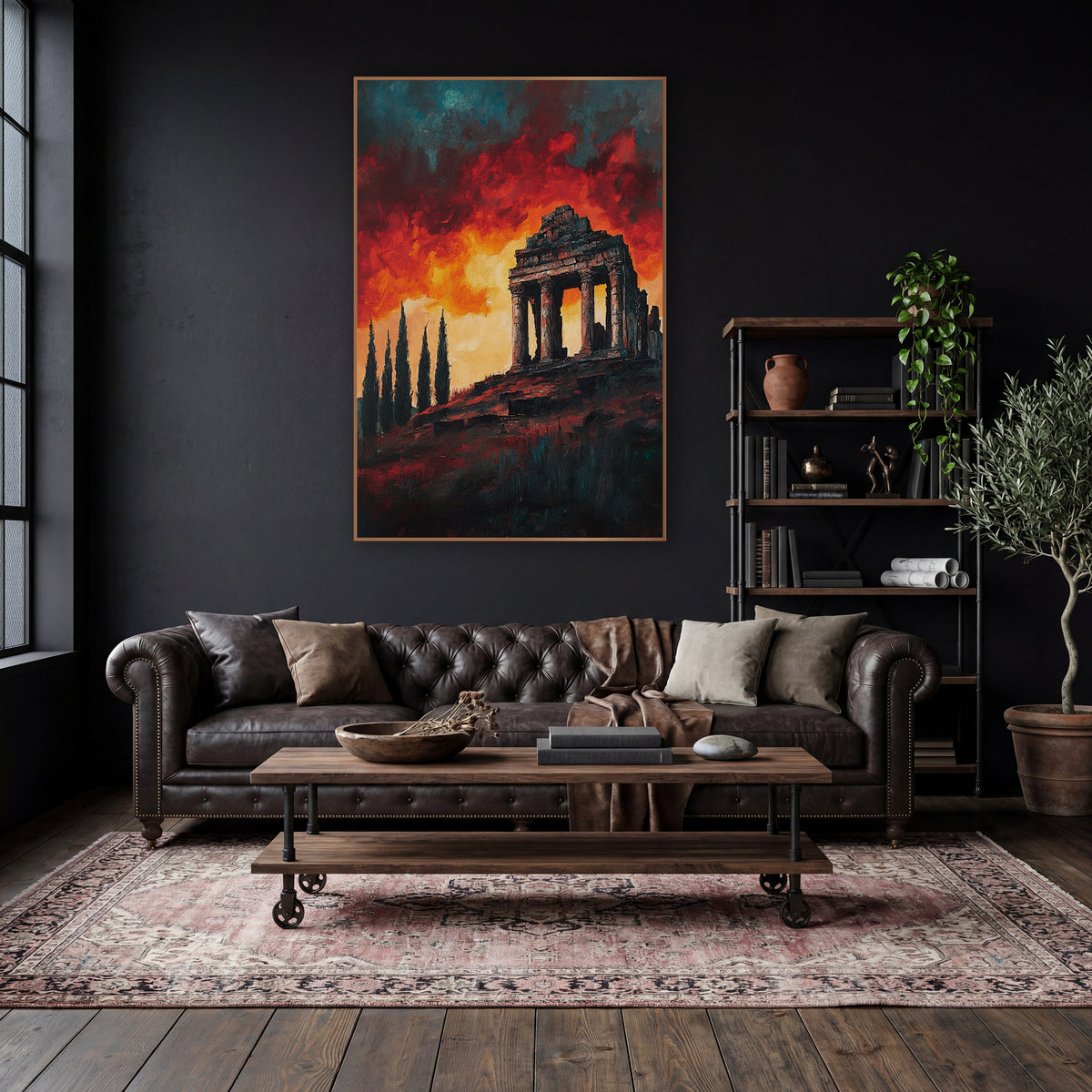 Ruined Temple Fiery Sky Landscape wall art in a moody dark academia room – ruined columned temple on a hilltop