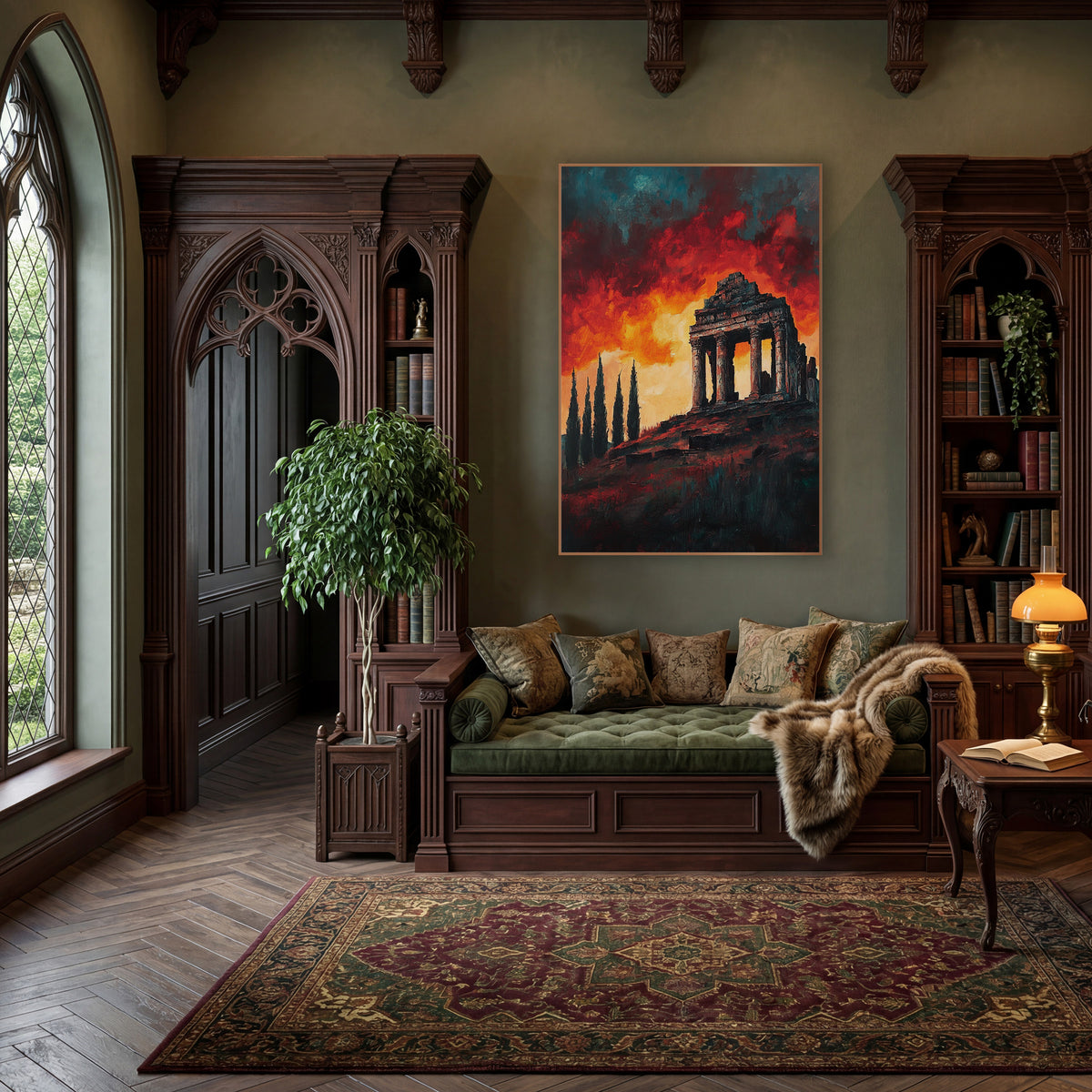 Ruined Temple Fiery Sky Landscape wall art in a moody dark academia room – ruined columned temple on a hilltop