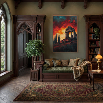 Ruined Temple Fiery Sky Landscape wall art in a moody dark academia room – ruined columned temple on a hilltop