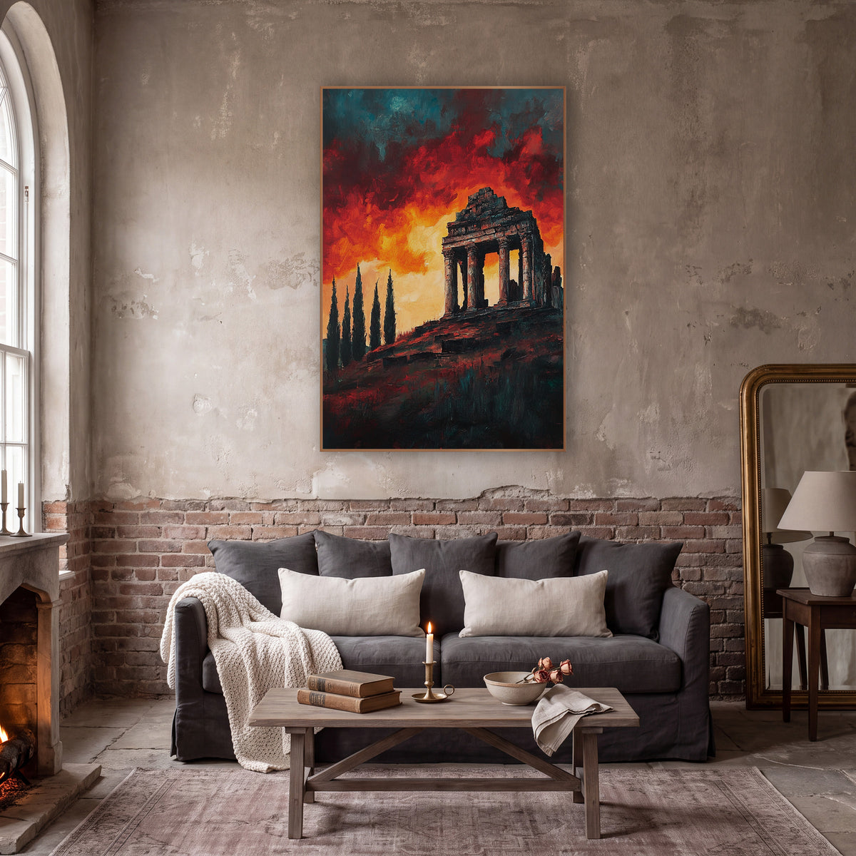 Ruined Temple Fiery Sky Landscape wall art in a moody dark academia room – ruined columned temple on a hilltop
