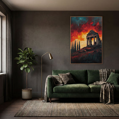 Ruined Temple Fiery Sky Landscape wall art in a moody dark academia room – ruined columned temple on a hilltop