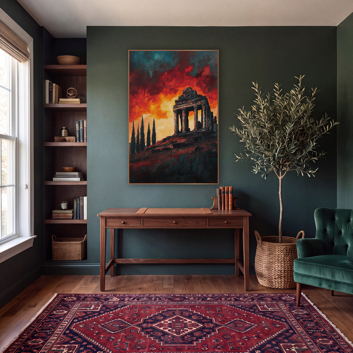 Ruined Temple Fiery Sky Landscape wall art in a moody dark academia room – ruined columned temple on a hilltop