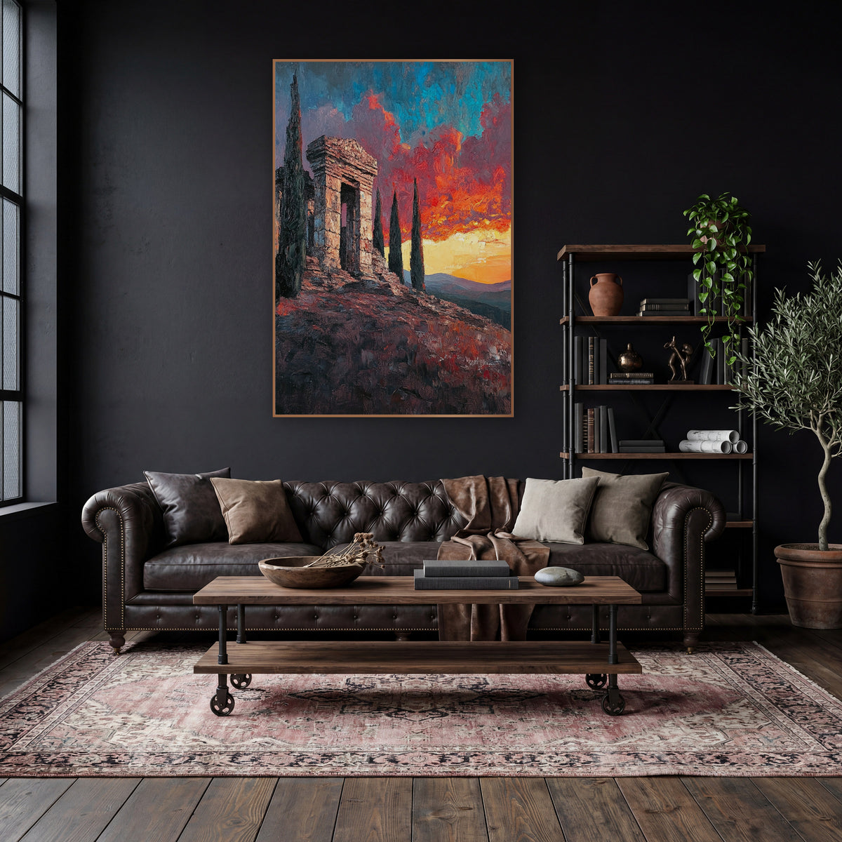 Hilltop Ruin Fiery Sky Landscape wall art in a moody dark academia room – weathered stone ruin on a rocky hilltop