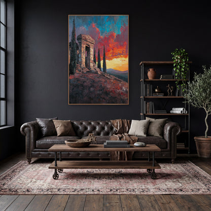 Hilltop Ruin Fiery Sky Landscape wall art in a moody dark academia room – weathered stone ruin on a rocky hilltop