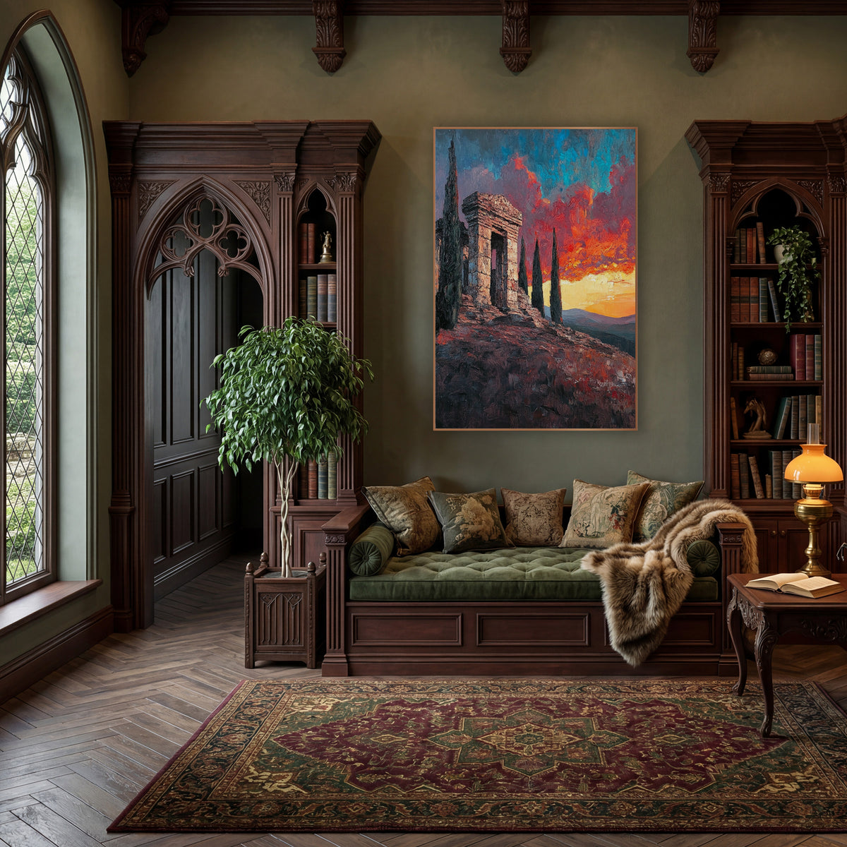 Hilltop Ruin Fiery Sky Landscape wall art in a moody dark academia room – weathered stone ruin on a rocky hilltop