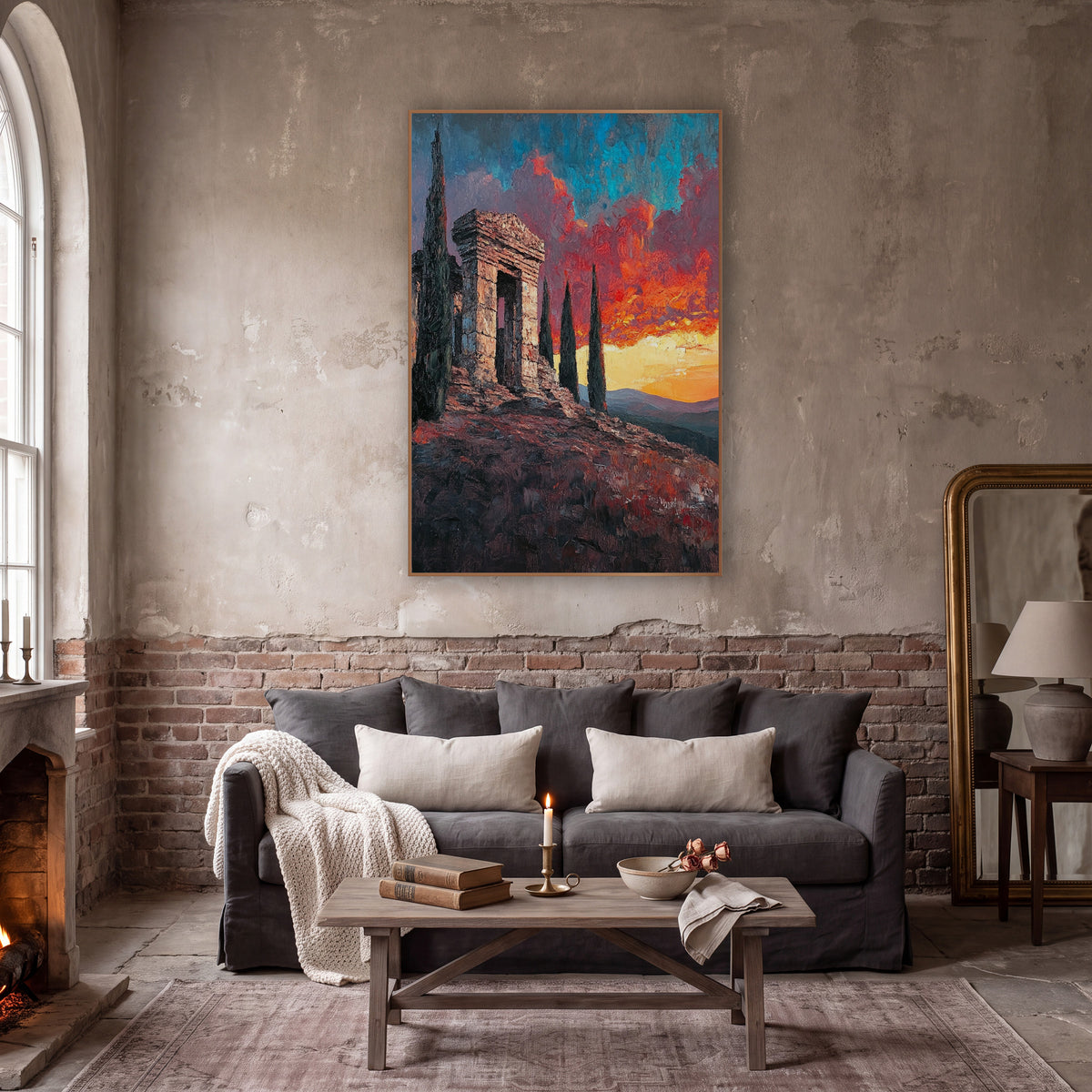 Hilltop Ruin Fiery Sky Landscape wall art in a moody dark academia room – weathered stone ruin on a rocky hilltop