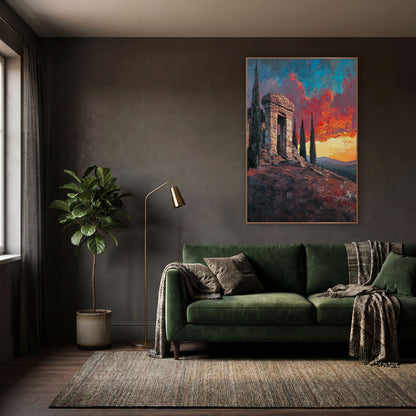 Hilltop Ruin Fiery Sky Landscape wall art in a moody dark academia room – weathered stone ruin on a rocky hilltop