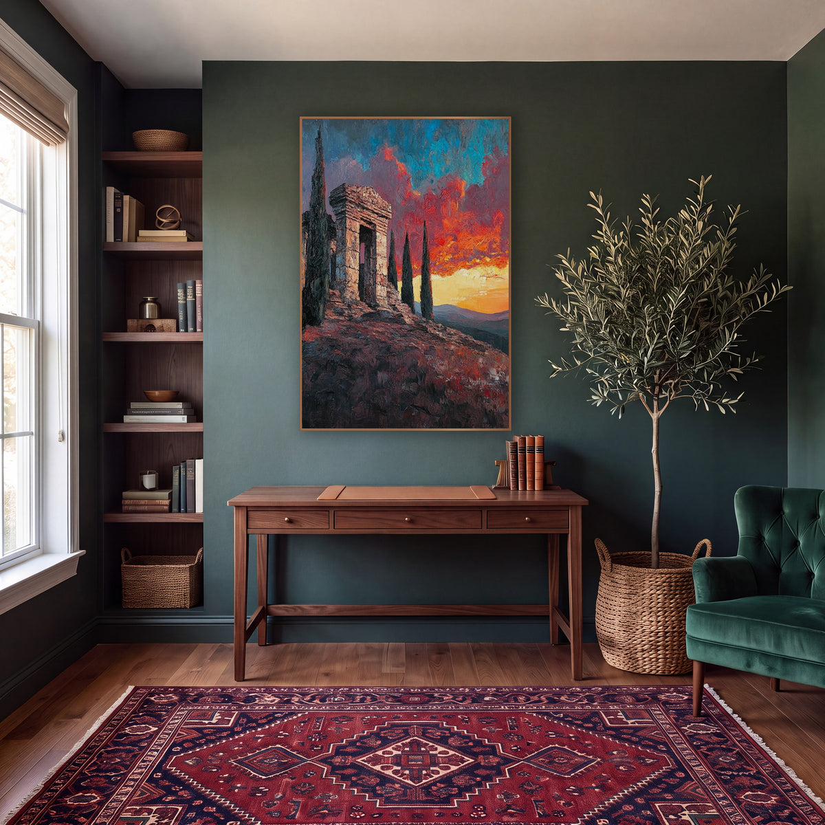 Hilltop Ruin Fiery Sky Landscape wall art in a moody dark academia room – weathered stone ruin on a rocky hilltop