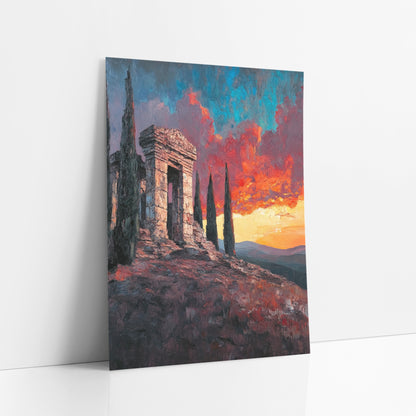 Hilltop Ruin Fiery Sky Landscape art print leaning against a white wall – weathered stone ruin on a rocky hilltop with tall