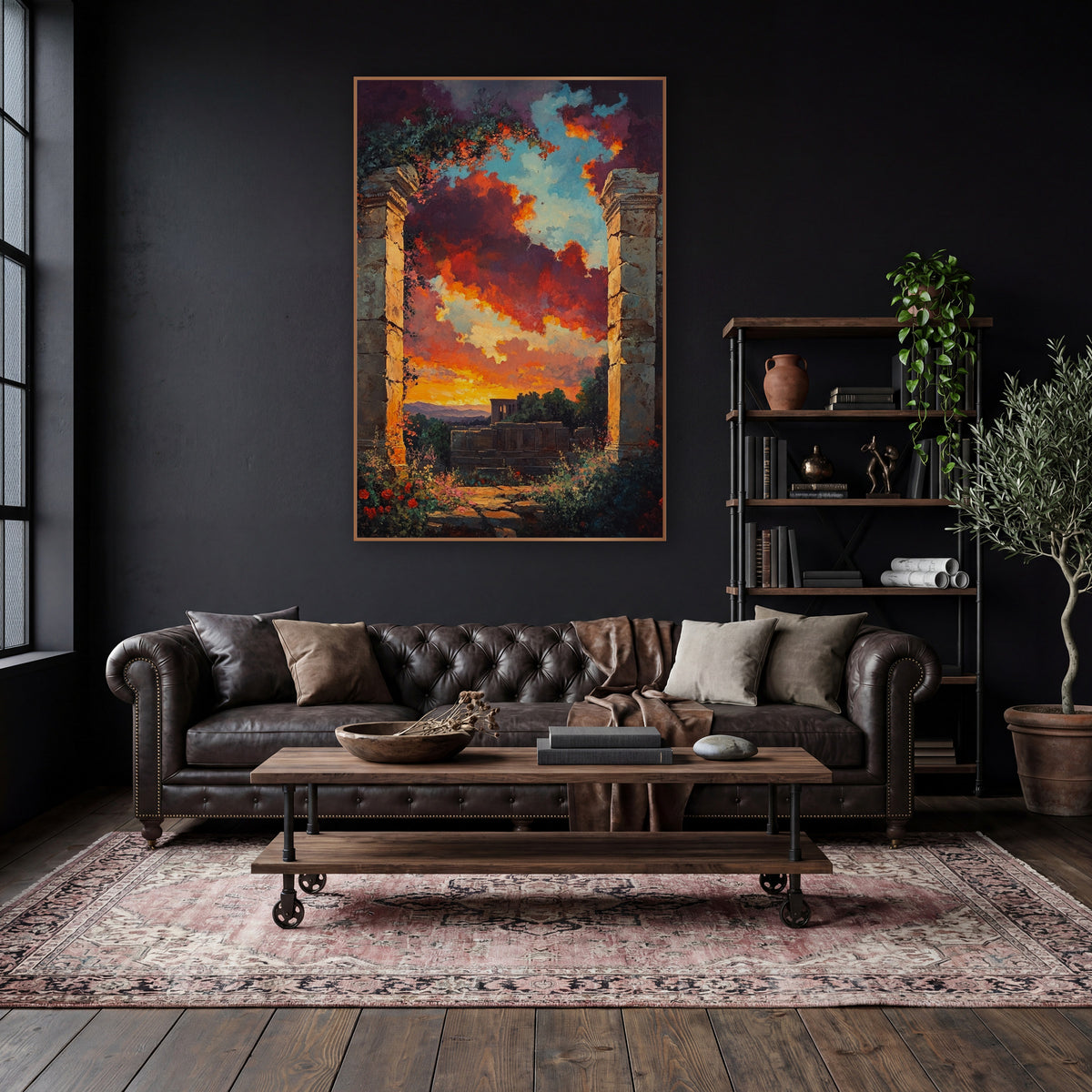 Ruined Stone Archway Sunset Landscape wall art in a moody dark academia room – two cracked stone pillars with vines