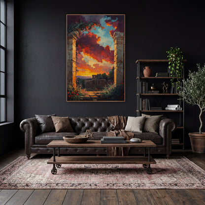 Ruined Stone Archway Sunset Landscape wall art in a moody dark academia room – two cracked stone pillars with vines