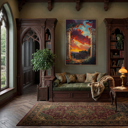 Ruined Stone Archway Sunset Landscape wall art in a moody dark academia room – two cracked stone pillars with vines