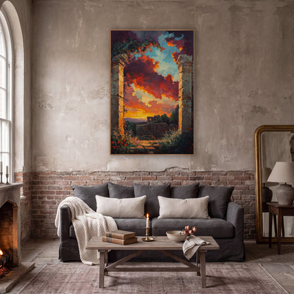 Ruined Stone Archway Sunset Landscape wall art in a moody dark academia room – two cracked stone pillars with vines
