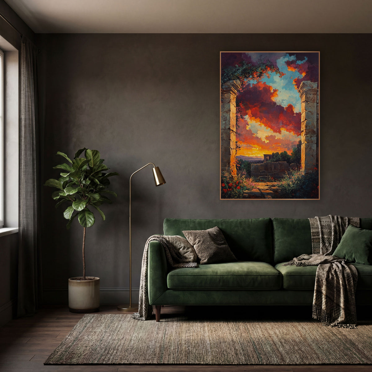 Ruined Stone Archway Sunset Landscape wall art in a moody dark academia room – two cracked stone pillars with vines