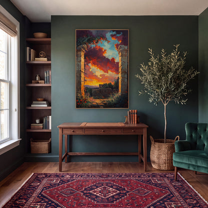 Ruined Stone Archway Sunset Landscape wall art in a moody dark academia room – two cracked stone pillars with vines