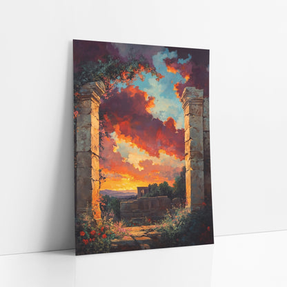 Ruined Stone Archway Sunset Landscape art print leaning against a white wall – two cracked stone pillars with vines frame